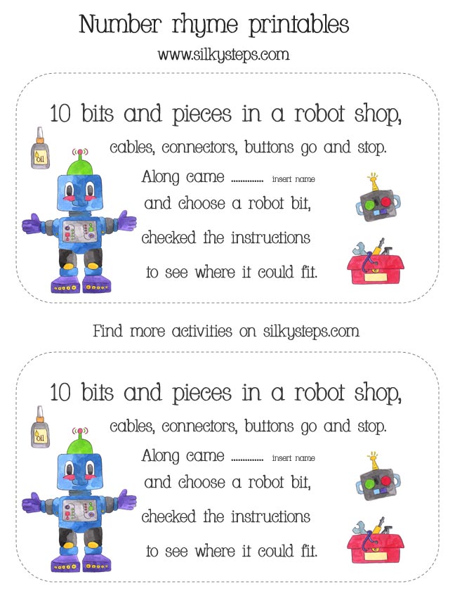 10 bits and pieces in a robot shop number rhyme counting card