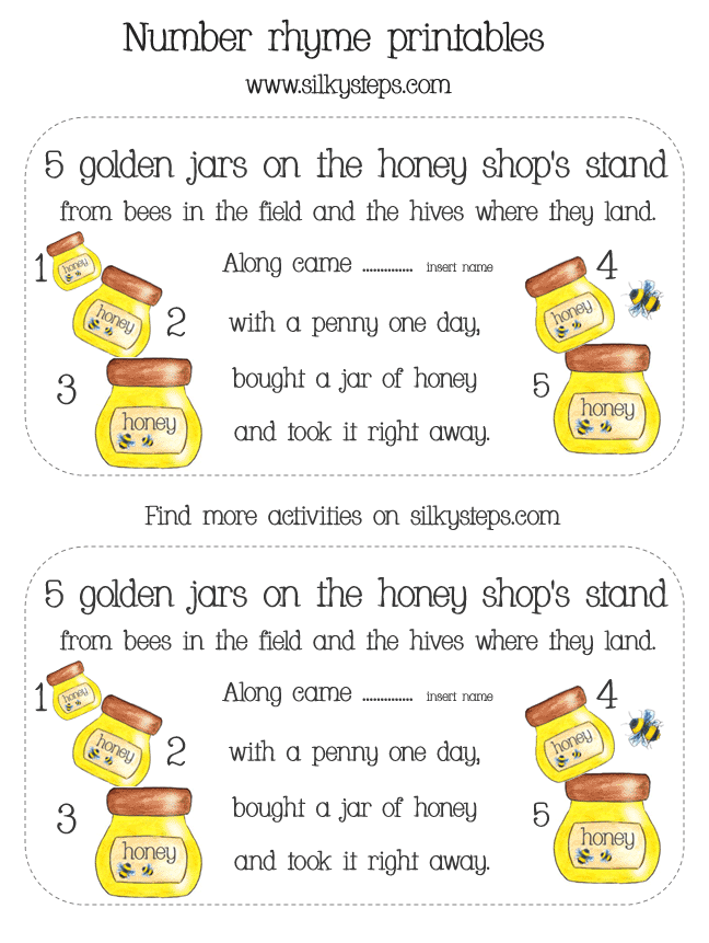 5 golden jars on the honey shop stand number rhyme cards